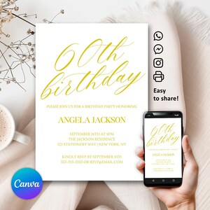 60th Birthday Invitation Look Who’s 60 Editable Digital Template Surprise 60th Birthday Party Evite Modern Gold Invitation