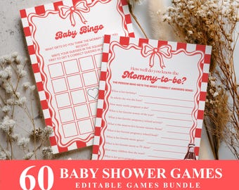 May include: Two white paper game cards with red checkered borders and red bow illustrations. One card is titled Baby Bingo with a grid, and the other is titled How well do you know the Mommy-to-be? with a list of questions and a soda bottle graphic.