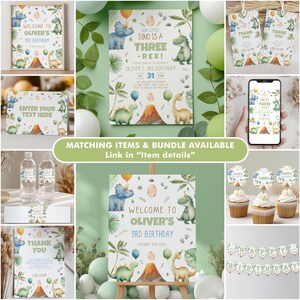 May include: A collection of dinosaur-themed birthday party supplies featuring illustrations of various dinosaurs, volcanoes, and balloons. Items include invitations, thank you tags, water bottle labels, cupcake toppers, and a birthday banner with text.