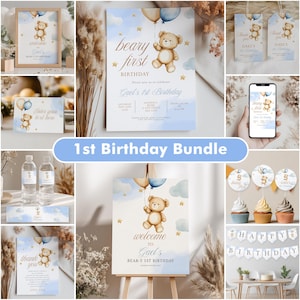 Beary First Birthday Invitation, 1st Birthday Boy, First Birthday Decorations, Bear Birthday Invitation Bundle, Teddy Bear Decorations 9153