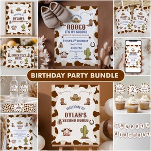 Könnte beinhalten: Ein Party-Set mit Rodeo-Thema. Enthält Einladungen, Schilder, Cupcake-Topper, Wasserflaschenetiketten und ein Banner. Designs zeigen Cowboyhüte, Stiefel, Kakteen und Kuhfellmuster. Der Text lautet "Welcome to Dylan's Second Rodeo".