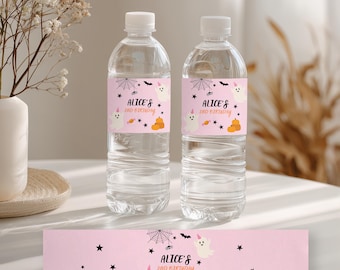 Pink Ghost Birthday Water Bottle Labels: Halloween Party Decor (Printable Download) 9162