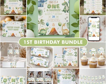 Dinosaur 1st Birthday Invitation Bundle, Dinosaur Birthday Invite, 1st Birthday Boy, Dino Party Decorations Printable, Dino Birthday 9165