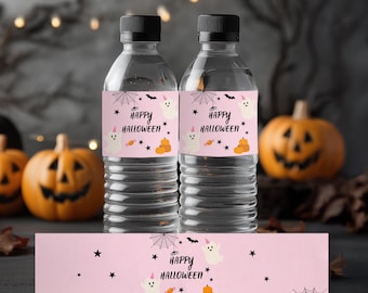 Pink Halloween Water Bottle Label, Printable Template Download 9163