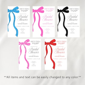 May include: Five rectangular bridal shower invitation cards featuring a large illustrated bow on the left side. Each card displays the text She's Tying The Knot, Bridal Shower, honoring Louise Wilson, with date, time, and location details included.