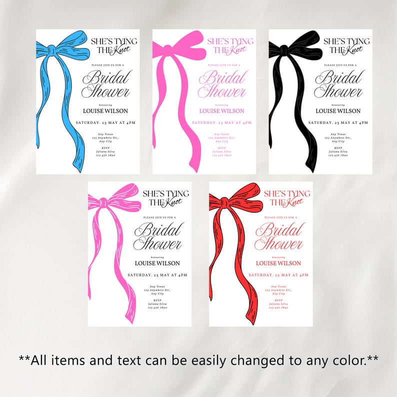 May include: Five rectangular bridal shower invitation cards featuring a large illustrated bow on the left side. Each card displays the text She's Tying The Knot, Bridal Shower, honoring Louise Wilson, with date, time, and location details included.