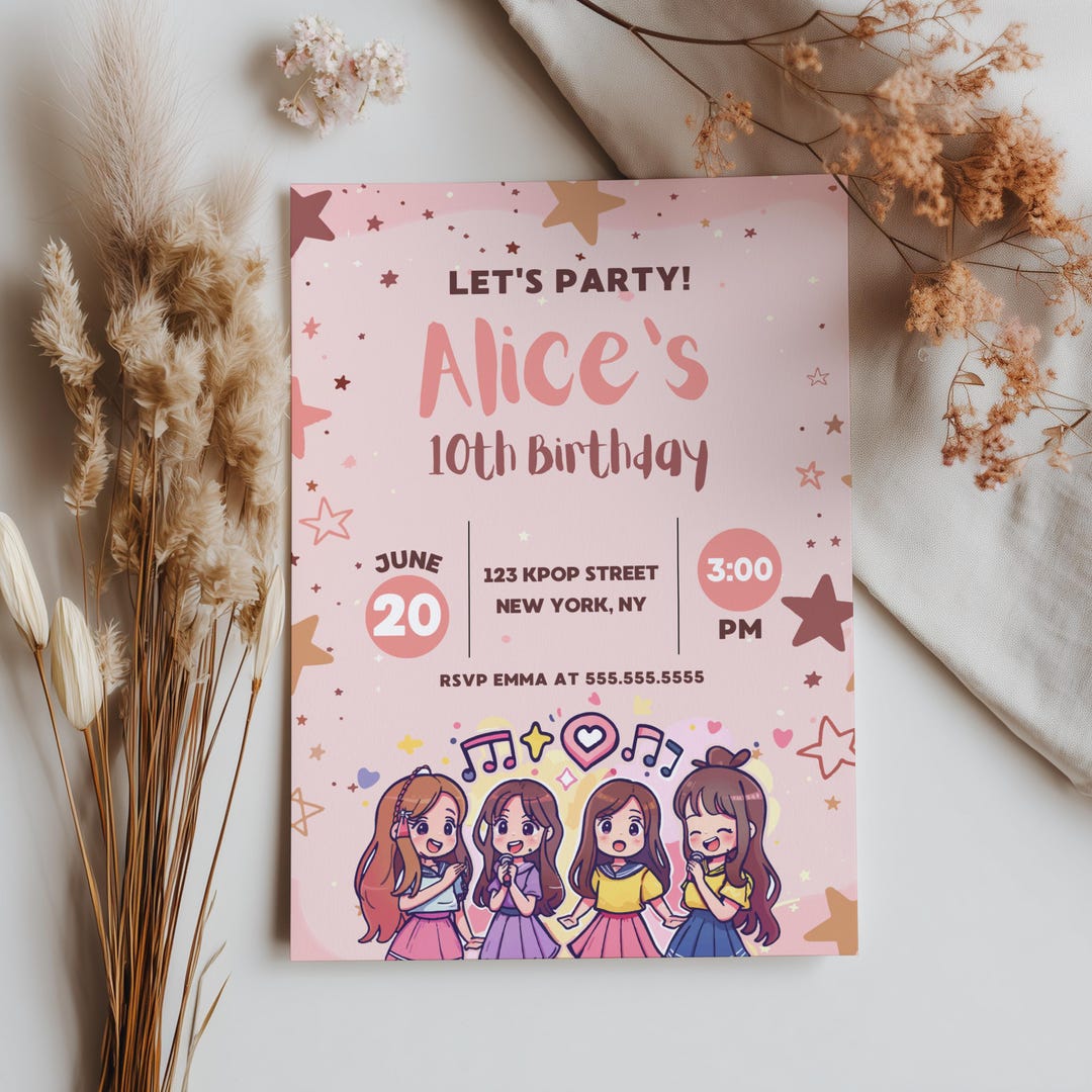 Editable K-pop Birthday Invitation Template: Korean Pop Theme