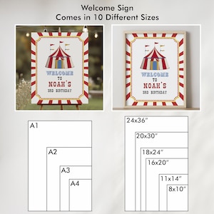 May include: A welcome sign with a circus tent illustration, red and white striped border, and the text "WELCOME TO NOAH'S 3RD BIRTHDAY." The sign is available in 10 different sizes, including 8x10 inches, 11x14 inches, and 24x36 inches.