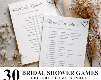 May include: Two white paper game cards with black text and heart illustrations. One card is titled Would She Rather with a list of choices, and the other is titled Movie Love Quotes with a list of fourteen quotes to match with movie titles.
