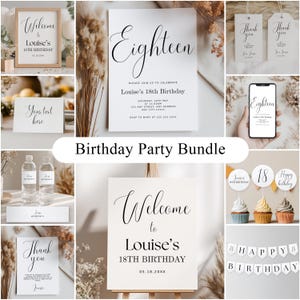May include: A collection of birthday party supplies, including invitations, welcome signs, thank you cards, and cupcake toppers. The designs feature elegant calligraphy and the text "Eighteen" and "Welcome to Louise's 18th Birthday."