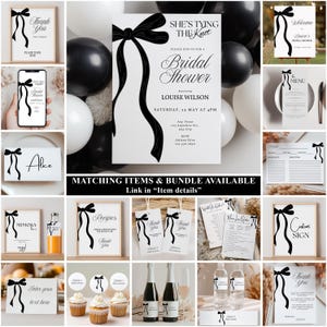 May include: A collection of bridal shower stationery featuring a black ribbon bow graphic on white paper. Items include invitations, menu cards, recipe cards, thank you tags, signage, and labels with black text detailing event information.