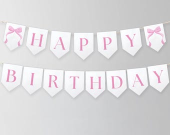 Editable Pink Bow Happy Birthday Banner, Pink Bow Printable Birthday Party, Coquette Banner First Birthday Banner, Instant Download 9156