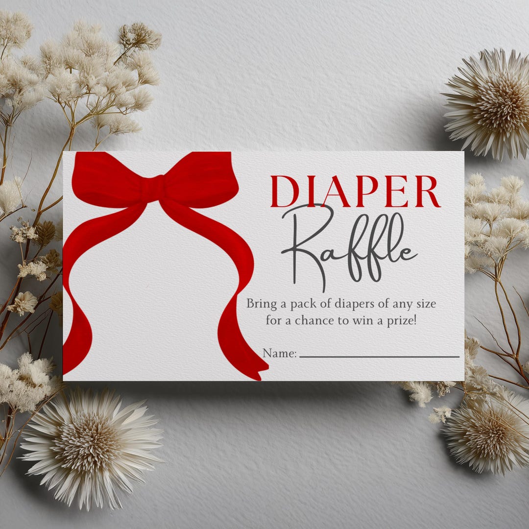 Red Bow Baby Shower Diaper Raffle Card, Gender Neutral, Printable Nappy ...
