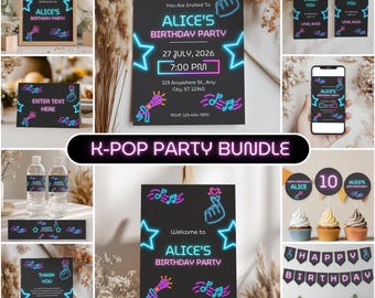 Editable Music Neon K-pop Party Decorations | Music Neon Kpop Singer Birthday Bundle | Music Korean Pop Party Set | Instant Download 8542