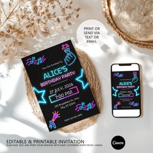 May include: A black birthday party invitation card and a smartphone displaying the same design, featuring neon-style graphics of stars, music notes, a microphone, and a finger heart. The text reads Alice's Birthday Party, 27 July, 2026, 7:00 PM.