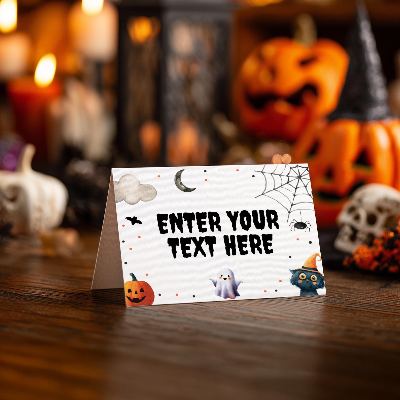 A Simple Tent with Scattered Halloween Icons Printable Halloween tent-card preview with a pale center and small seasonal border motifs.