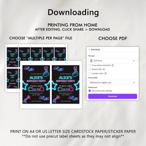 May include: A digital instruction guide for downloading and printing birthday party invitations. The graphic displays a neon-style invitation design featuring music notes, stars, and a finger heart icon, alongside a software download menu interface.