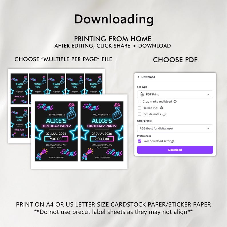 May include: A digital instruction guide for downloading and printing birthday party invitations. The graphic displays a neon-style invitation design featuring music notes, stars, and a finger heart icon, alongside a software download menu interface.