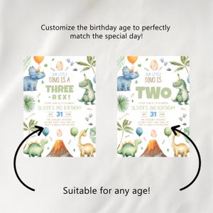 May include: Two birthday invitation templates featuring watercolor illustrations of dinosaurs, palm leaves, balloons, and a volcano. The text reads Our Little Dino Is A Three-Rex or Two, Oliver's 3rd or 2nd Birthday, Oct 31, 3 PM, and event details.