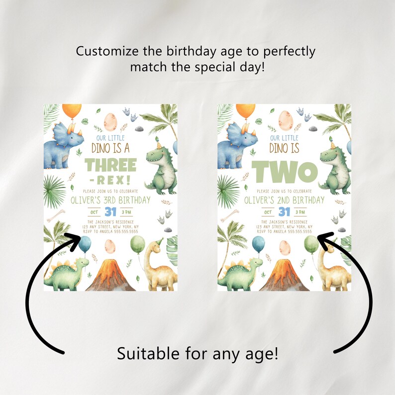May include: Two birthday invitation templates featuring watercolor illustrations of dinosaurs, palm leaves, balloons, and a volcano. The text reads Our Little Dino Is A Three-Rex or Two, Oliver's 3rd or 2nd Birthday, Oct 31, 3 PM, and event details.