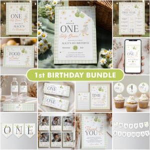 Puede incluir: Un conjunto de suministros para fiestas de primer cumpleaños, con un tema verde y blanco con un diseño de ganso y margarita. Incluye invitaciones, letreros, adornos para cupcakes, etiquetas para botellas de agua y una pancarta.