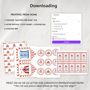 May include: A digital download featuring circus-themed labels and stickers. The design includes red and white striped borders, circus tents, and the name "Noah." Instructions for downloading and printing are also included.