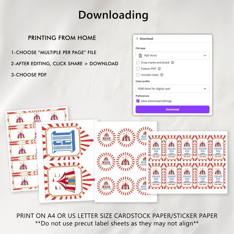 May include: A digital download featuring circus-themed labels and stickers. The design includes red and white striped borders, circus tents, and the name "Noah." Instructions for downloading and printing are also included.