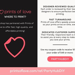 Może przedstawiać: Grafika informacyjna z czarnym lewym panelem zawierającym r&oacute;żowe logo serca i tekst Prints of Love. Biały prawy panel wymienia usługi, takie jak kontrola jakości, szybka realizacja i wsparcie, wraz z kodem rabatowym PARTYHUBDIY.