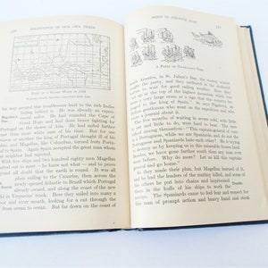 May include: A vintage book page with a black and white illustration of a map and text about the explorer Ferdinand Magellan's journey around the world. The text describes Magellan's travels and the challenges he faced, including the mutiny of his crew.