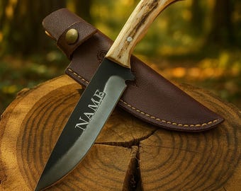 10" Personalized Real Deer Bushcraft Hunting Knife Gift for Men Custom Camping Knife (Dh005 Black)
