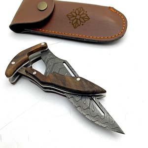 Cuchillo plegable portátil de acero de Damasco con funda, regalos personalizados para hombres, regalos de caza, cuchillo utilitario, cuchillo fantasma (Fk217)