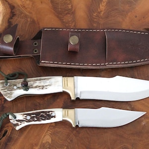2 Piece Deer Antler Hunting Knife Set Personalized Monogram Engraved Custom Camper Knife (DH115)