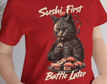 Samurai Cat T-Shirt: Sushi First, Battle Later - Unisex Graphic Tee