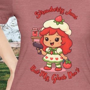 Strawberry Jams But My Glock Don't Shirt, Festival Tee, Party Shirt, Camping Humor, Cartoon Strawberry Shortcake Gun Graphic Tee, Funny Gift