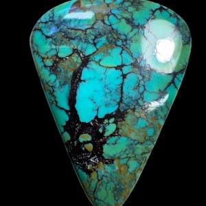 May include: A polished, triangular turquoise gemstone featuring a vibrant cyan and teal base color with intricate, dark brown to black spiderweb matrix patterns throughout the surface, showcasing a smooth, reflective finish against a black background.