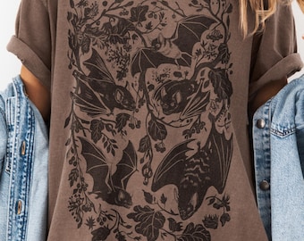 Botanical Bat Graphic T-Shirt, Nature Illustration Tee