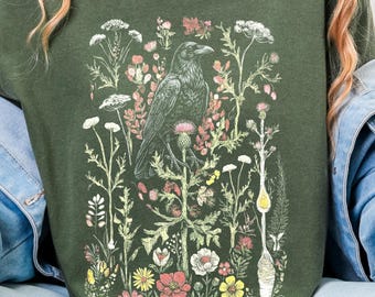raven botanical shirt, raven bird shirt, crow floral t-shirt, raven nature shirt, botanical raven tee, raven flower shirt