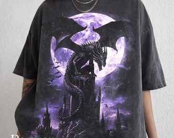 dark dragon shirt, gothic dragon t shirt, moon dragon artwork tee, fantasy dragon tower shirt, mythical dragon design