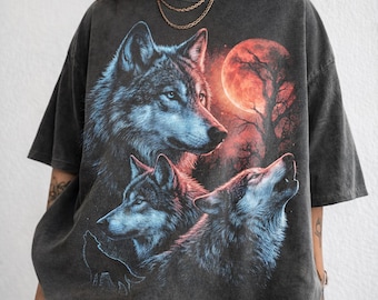 Vintage Wolf Illustration T-Shirt, Red Moon Graphic, Nature Design