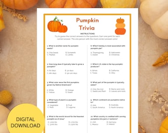 May include: A printable Pumpkin Trivia Game featuring orange pumpkins and the words "Pumpkin Trivia." The game presents multiple-choice questions about pumpkins, with a "Digital Download" button. Ideal for autumn activities.