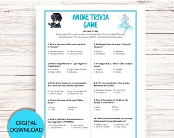 May include: A printable anime trivia game with 10 questions. The questions are about popular anime series like Naruto, Death Note, My Hero Academia, and Sailor Moon. The game is designed for digital download.