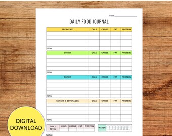 Printable Daily Food Journal, Food Tracker Log, Calorie Counter Printable, Macro Food Tracker Printable, Meal Journal, Meal Planner Template