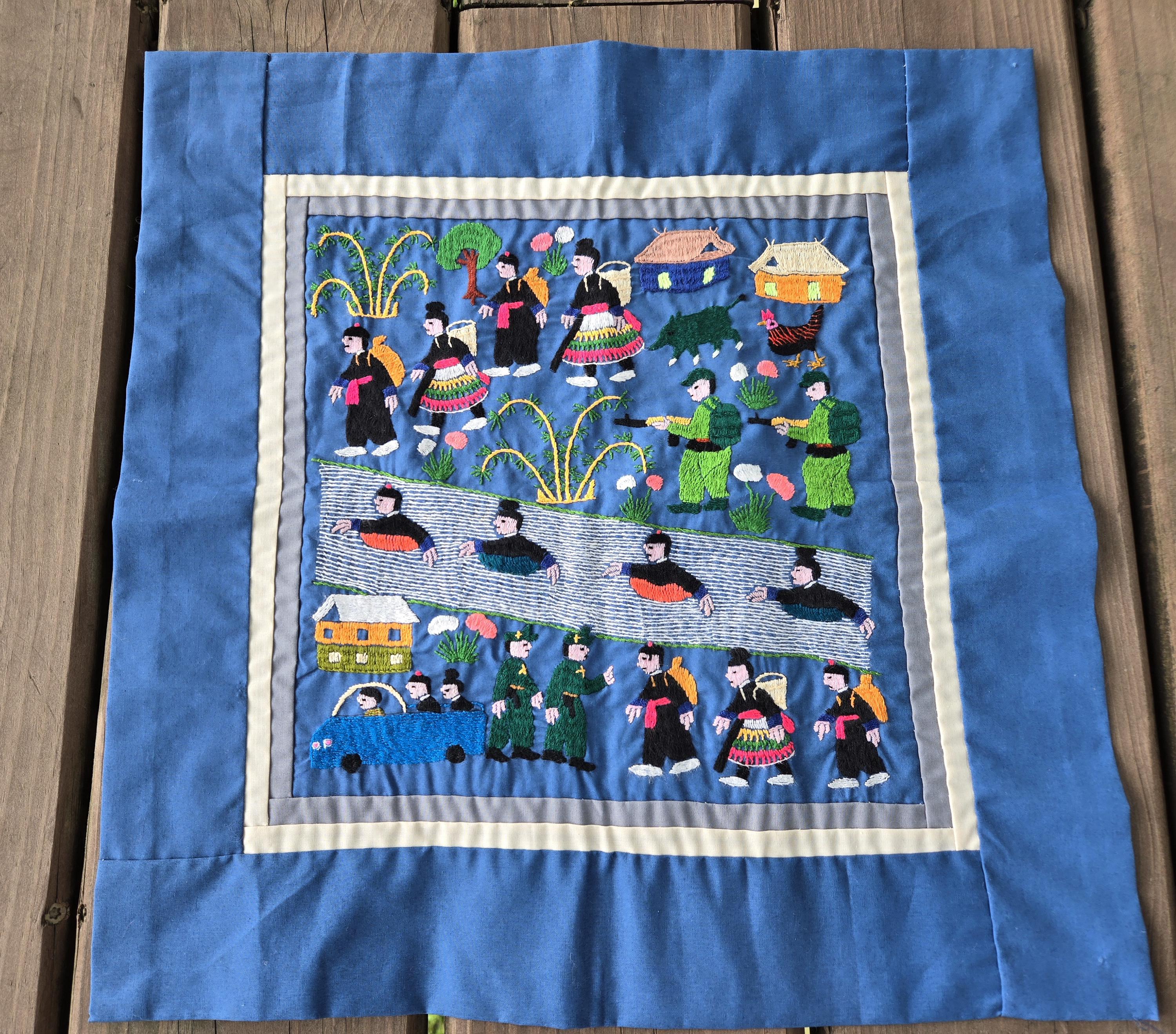Vintage Hmong Hand Embroidered Story Cloth Tapestry- Asian Folk 