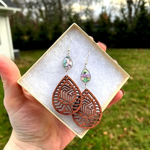 Handcrafted Geometric Dangle Earrings - Aromatic Red Cedar & Abalone