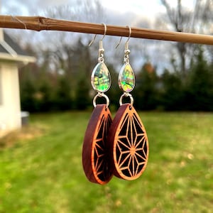 Handcrafted Kumiko Flower Dangle Earrings - Aromatic Red Cedar & Abalone