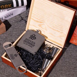 Personalized Groomsmen Gift Set, Leather Flask & Bottle Opener, Wood Box