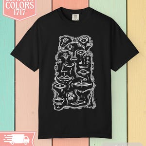 Abstract Faces Comfort Colors T-Shirt, Modern Line Drawing Graphic Tee, Minimal Artsy Shirt, Retro Aesthetic Top, Unique Gift for Him Her