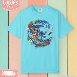 Lilo and Stitch Surfing T-Shirt Comfort Colors 1717 - Hawaiian Wave Graphic Tee - Tropical Disney Beach Summer Shirt Gift