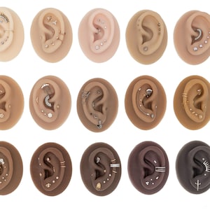 May include: Fifteen silicone ear models in various skin tones, each featuring a unique arrangement of metallic stud, hoop, and dangling earrings. The collection displays diverse piercing styles including helix, tragus, and lobe placements.