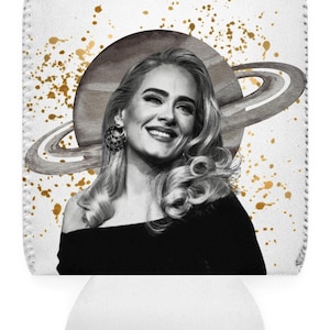 May include: A black and white photo of a woman with blonde hair, smiling, with a gold ring around a brown planet behind her. The background is white with gold splatters.